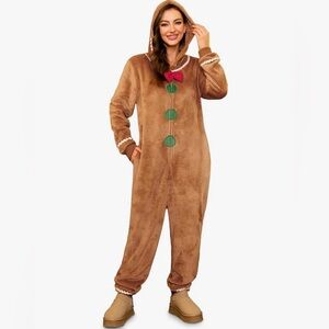 Gingerbread Onesie Zip Up Hooded Fleece | Xmas Pajamas | Small